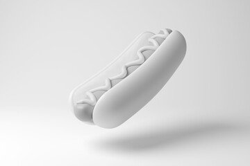 White hotdog floating in mid air on white background in monochrome and minimalism. Illustration of the concept of fast food and junk food