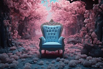 Fototapeta na wymiar Enchanted Seating: Fantasy Blue Chair in the Heart of a Pink Forest - A Magical Fairytale Kingdom 