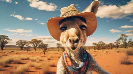 Kangaroo Selfie. Animal Wearing Sunglasses, Hat, and Scarf. Generative AI