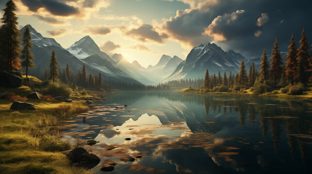 Painting of a Mountain Lake With Trees and Mountains in the Background. Generative AI. - Powered by Adobe