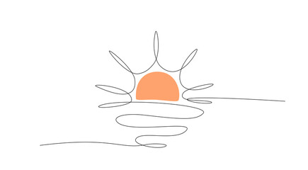 Continuous one line drawing of Sunset on seaside, ocean. Sunrise single line drawing. Sun view vector illustration in linear style. Sunset and sunrise outline for design. Editable stroke