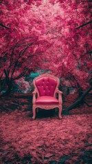 Enchanted Seating: Fantasy Blue Chair in the Heart of a Pink Forest - A Magical Fairytale Kingdom

