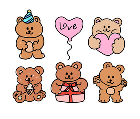 Kid drawing and kid colouring style of teddy bear with heart, party hat, gift box, ice cream for cartoon character, comic, mascot, plush toy, kids doll, animal sticker, zoo, brand logo, cute patches
