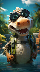 Naklejka premium A cartoon crocodile character wearing goggles and carrying a backpack, standing confidently. Generated with AI