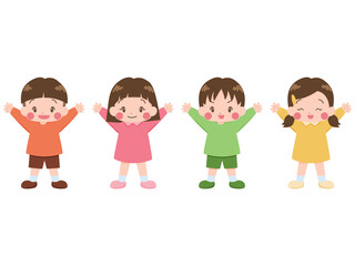 手を上げている元気な子供たち