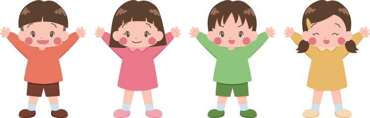 手を上げている元気な子供たち