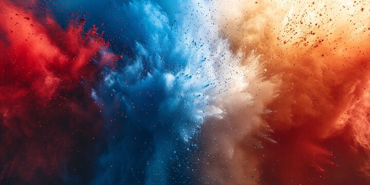 Vibrant tricolor French flag bursting with blue, white, and red holi paint on a separate backdrop; representing France, Europe, festivities, football, and sightseeing.