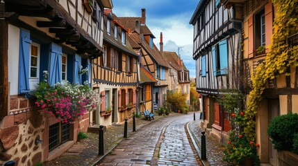 Fototapeta na wymiar Vibrant historic half-timbered dwellings in picturesque French village.