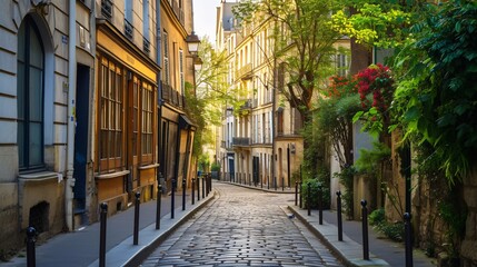 Quaint Parisian neighborhood filled with beautiful buildings and iconic sights.