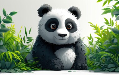 Panda Bear illustration, White and green background, full body, seems happy. Oso Panda cuerpo completo, sonriente, blanco y negro, fondo blanco, follaje verde, bambú. 