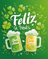 Diseño papelería restauración decorado con tréboles verdes diferentes tamaños, fondo verde, celebración de San Patricio, suerte, fortuna, primavera. St Patricks Day festival