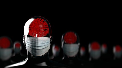 3D rendering of a male with a virus seen in his transparent head wearing a face mask
