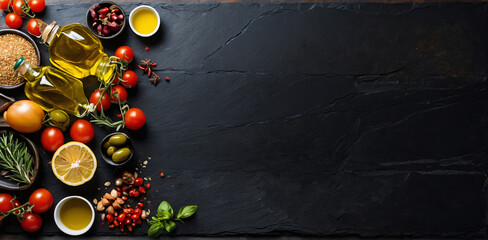 Food background. Top view of olive oil, cherry tomato, herbs and spices on rustic black slate. Colorful food ingredients border. AI generated - obrazy, fototapety, plakaty