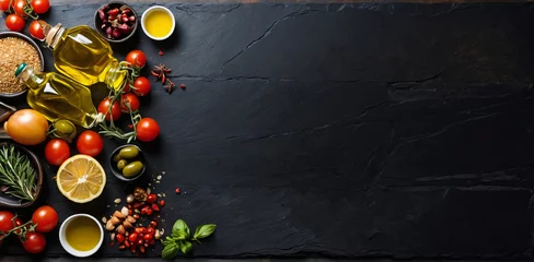 Fotobehang Food background. Top view of olive oil, cherry tomato, herbs and spices on rustic black slate. Colorful food ingredients border. AI generated © Abdul