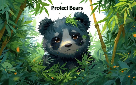 Baby Panda bear Close-up, clean background, half body, seems sad, needs protection, illustration of a bambú forest. Oso Panda visto medio cuerpo, parece triste, texto, protege a los osos. Verde bambú 