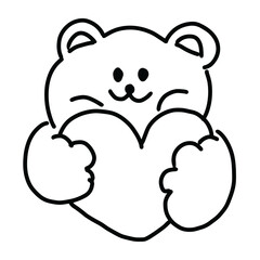Kid drawing outlines of teddy bear with heart for Valentine's Day, cartoon character, comic, mascot, toy, love sticker, fabric print, decoration, brand logo, tattoo, heart, black and white icon
