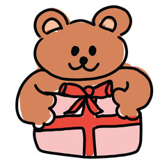 Kid drawing and kid colouring style of teddy bear with gift for Valentine's Day, cartoon character, comic, mascot, toy, love sticker, fabric print, decoration, brand logo, icon, tattoo, heart, ads
