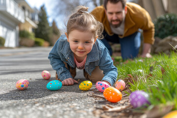 Fototapeta na wymiar The baby girl crawls on the ground to hunt Easter eggs
