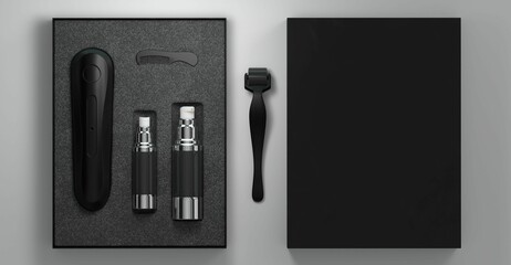 3D rendering of a variety of beard care products on a gray background