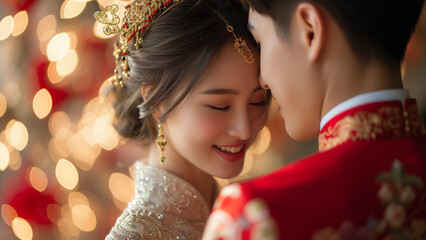 A mesmerizing close-up of a couple in traditional Chinese wedding attire, their faces close together, basking in the romantic sunset light. - Powered by Adobe