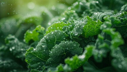 With dew-kissed fresh green lettuce leaves in close-up, this image beautifully encapsulates the purity of organic farming and the innate freshness found in nature's bounty. - obrazy, fototapety, plakaty