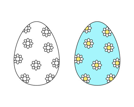 A set of two Easter eggs. Colored black and white Easter eggs. Coloring book. Contour drawing.