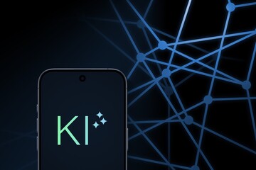 fiktives KI-Logo auf einem modernen Smartphone vor verknüpften Punkten vor einem dunkelblauen Hintergrund, künstliche Intelligenz, KI, LLM, GPT, Generative Pre-trained Transformer