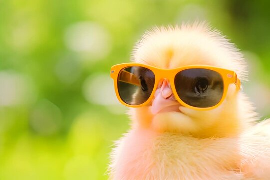 A cute fluffy yellow chick wearing oversized orange sunglasses, posing with a green natural background.