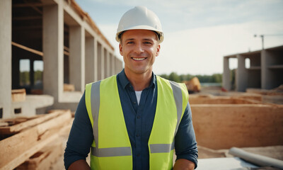 A male architect standing on a construction site with a helmet on his head.