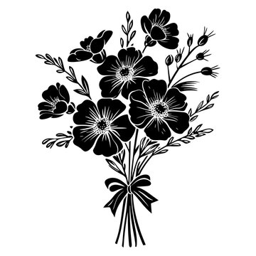 recommend clip art: Silhouette spring flower bouquet tied with ribbon black color only
