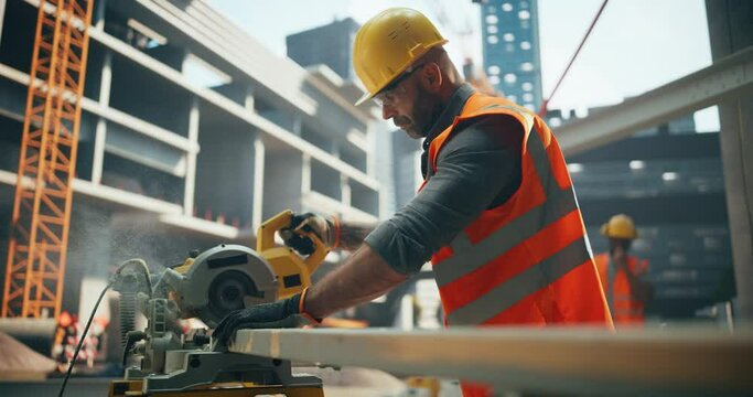 Portrait of a Handsome Construction Worker Using a Wood-Cutting Machine on a Building Site. Middle Aged Man Working Outdoors, Helping to Cut a Set of Wooden Planks for Interior Works