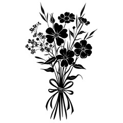 Silhouette spring flower bouquet tied with ribbon black color only