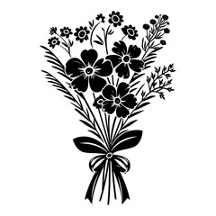 Silhouette spring flower bouquet tied with ribbon black color only