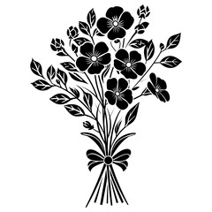 Silhouette spring flower bouquet tied with ribbon black color only