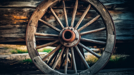 Fototapeta na wymiar close-up of an antique wooden wagon wheel, weathered by time and nestled against a rustic barn, showcasing the enduring craftsmanship of rural life