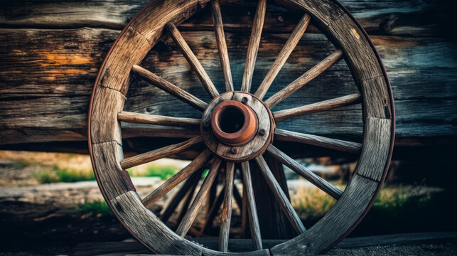 close-up of an antique wooden wagon wheel, weathered by time and nestled against a rustic barn, showcasing the enduring craftsmanship of rural life