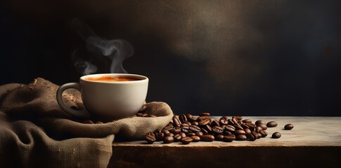 A cup of coffee with coffee beans side view on a wooden table