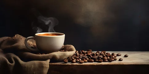 Foto op Plexiglas A cup of coffee with coffee beans side view on a wooden table © candra