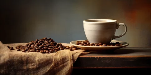 Poster A cup of coffee with coffee beans side view on a wooden table © candra