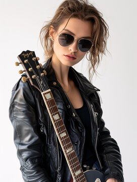 A captivating image of a sultry young celebrity donning shades and a leather coat, holding a guitar on their shoulder against a white backdrop.
