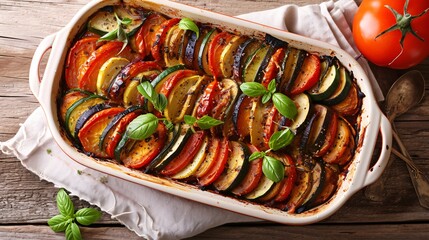 A classic French vegetable casserole on a rustic wooden table, suitable for vegan and health-conscious diets.