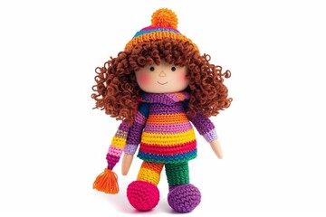 A knitted doll in colorful clothes and long curly hair, a soft toy for children.