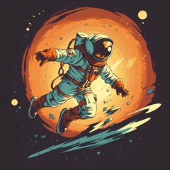 Cartoon astronaut in space 80s retro style logo design 