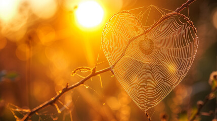 Golden sunbeams embrace a heart-shaped spider web, woven delicately in the tranquil dawn of a summer morning. Nature's art illuminated by the warm embrace of the rising sun.