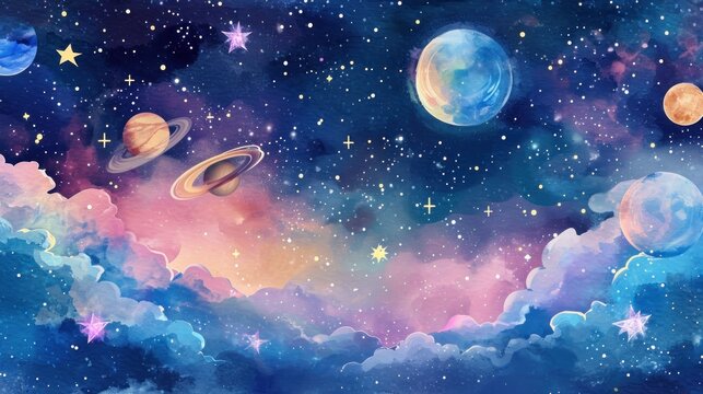 Colorful cosmic sky with a full moon, stars, and fluffy clouds. Watercolor illustration. © KrikHill