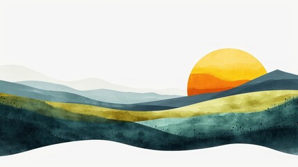 Sun setting over vibrant, layered hills creating a serene landscape. Watercolor landscape with mountains and sun.