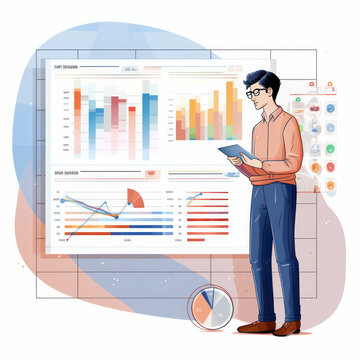 Person presenting and evaluating data chart in an illustration. AI generative.