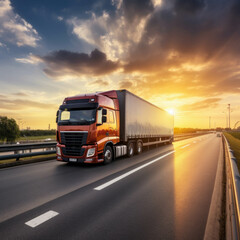 Fototapeta na wymiar Transportation industry concept: Container truck on highway at sunset. AI generative.