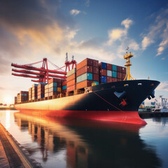 Obraz premium Container ship at dock with quay crane, representing global logistics and freight. AI generative.