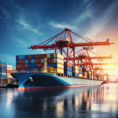 Obraz premium Container ship at dock with quay crane, representing global logistics and freight. AI generative.